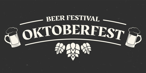 Oktoberfest text banner. Bavarian beer festival logo design. German, October fest typography template with beer mugs and malt. Vector illustration.