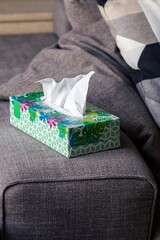 A portrait of a colorful box of paper tissues standing on the side of a couch in a living room ready to be used when you have a cold, just need to blow your nose,  are sick or wipe something clean.