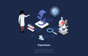 Concept Of Science And Laboratory Experiment. Scientist Making Research DNA, Biotechnology And Making Science Experiments In Lab Using Professional Equipment. Isometric Cartoon 3d Vector Illustration