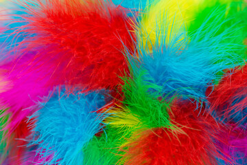 Multicolored bright, colorful feathers as a bright festive fun background with space for text for design