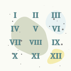 Set of roman numerals vector icon on multicolored background.