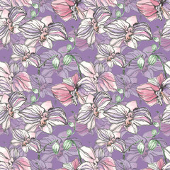 Patter, seamless watercolor orchid flower on a lilac background. Hand drawn, illustration.