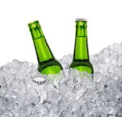 Beer bottle with water drops of cold beverage, ice cube a of juicy. Summer refreshing drink