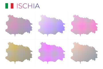 Ischia dotted map set. Map of Ischia in dotted style. Borders of the island filled with beautiful smooth gradient circles. Classy vector illustration.