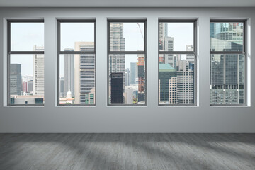 Empty room Interior Skyscrapers View. Downtown Singapore City Skyline Buildings from High Rise Window. Beautiful Expensive Real Estate overlooking. Day time. 3d rendering.