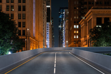 Obraz premium Empty urban asphalt road exterior with city buildings background. New modern highway concrete construction. Concept of way to success. Transportation logistic industry fast delivery. Chicago. USA.