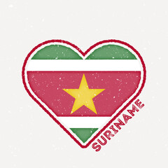 Suriname heart flag badge. Suriname logo with grunge texture. Flag of the country heart shape. Vector illustration.