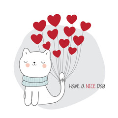 Flat cute animal cat with love red balloon illustration for kids
