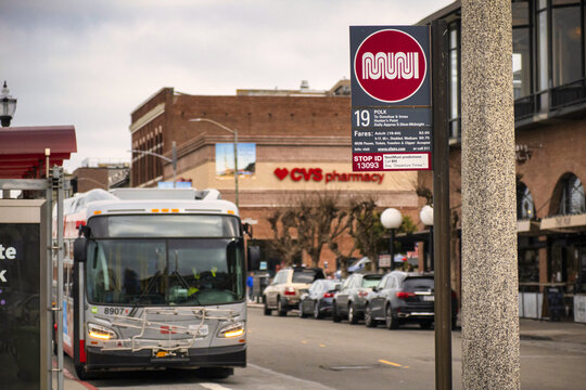  muni public transport bus stops at a bus stop on polk San Francisco, United States - February 13 2020