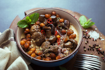A simple and quick home cooked lunch. Wild rice with mushrooms, caramelized chickpeas and cheese dip