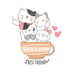 Flat cute animal cat with friend on coffee cup illustration for kids

