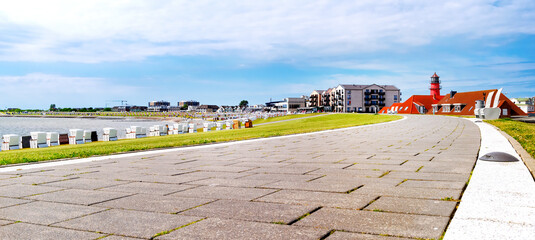 Panorama view of Büsum promenade on the North sea coast, Dithmarschen, Schleswig-Holstein, Germany.