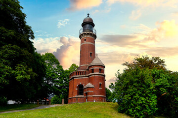 View of the lighthouse in Kiel-Holtenau at sunset, Germany