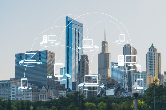 Chicago skyline, Butler Field towards financial district skyscrapers, day time, Illinois, USA. Parks and gardens. Social media hologram. Concept of networking and establishing new people connections
