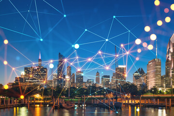 Downtown skyscrapers city view, Chicago skyline panorama, Lake Michigan, harbor area, night time, Illinois, USA. Social media hologram. Concept of networking and establishing new people connections