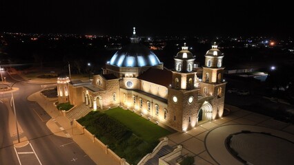Saint Francis Xavier Cathedral in Geraldton lit up at night.