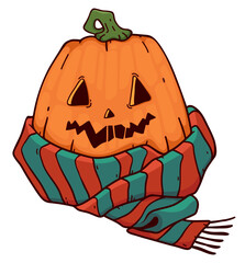 Illustration of a Cute Halloween pumpkin in a scarf in cartoon style isolated on a white background