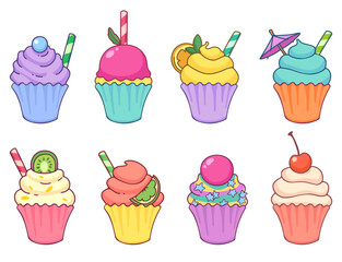 Vector set of cute holiday cupcakes in cartoon style isolated on white background
