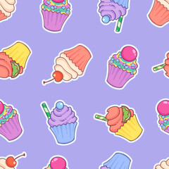 Vector bright colorful pattern of cute holiday cupcakes in cartoon style