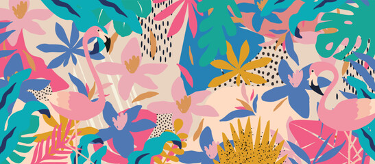  Abstract art nature background vector. Cute garden flowers, exotic leaves and flamingos colorful pattern. Botanical design for banner, wall arts, cards, prints and fabrics © blossomstar