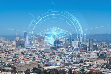 Panoramic view of San Francisco skyline at daytime from hill side. Financial District, residential neighborhoods. Technologies, education concept. Academic research, top ranking university, hologram