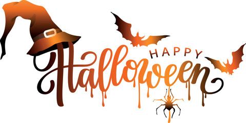 Black halloween decorative orange lettering with bats, spidaer and witch hat .