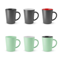 Illustration of Six Realistic Ceramic Coffee Cup or Tea Mug on a White Backdrop. Isolated Mockup with Shadow Effect, and Copy Space for Your Design