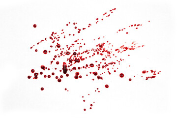 Drops of blood staining spots on a white background, medecine, drug addiction, killing