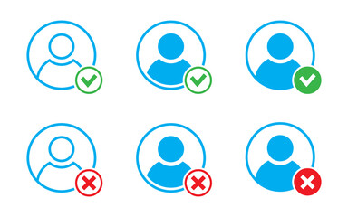 User profile sign. Profile check icon. Check mark and cross. Vector illustration.