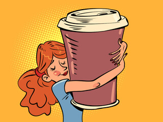 a young woman embraces a huge cup of coffee, a morning breakfast, a cheerful drink
