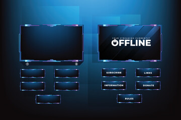 Futuristic live streaming button vector with blue color. Broadcast screen overlay design with digital abstract shapes. Live online gaming overlay and streaming icon vector with buttons.