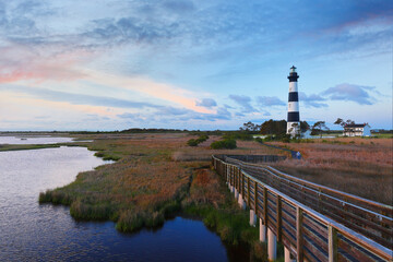 Overview of Bodie Island Lighthouse at Nags Head, Outer banks, North Carolina, USA. The lighthouse was built in 1872 and stands 156 ft tall and  is located on the Roanoke Sound side, NC.