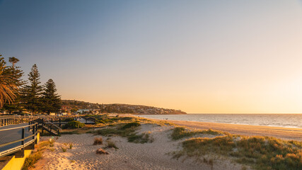 Seacliff beach with new esplanade looking South at sunset, South Australia