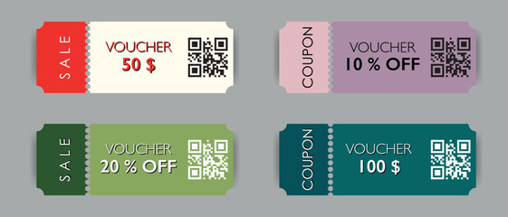Set of multicolored coupons and vouchers with sale offer. Marketing templates and mockups