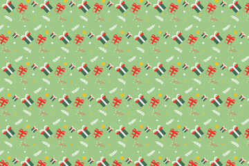 Cute Christmas pattern design with gift icons and leaves. Christmas minimal abstract pattern vector for wallpapers and bed sheets. Christmas element pattern decoration on a green background.