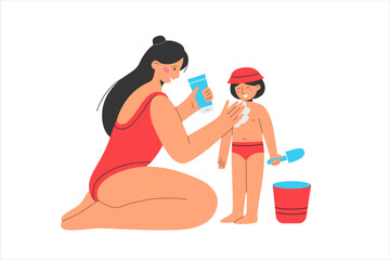 Mother put sunscreen to the baby skin