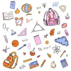 Vector hand drawn images of school stuff in doodle style. Collection of different colored school things. Education concept.