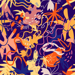 Vector abstract seamless pattern with hand drawn plant elements, foliage, flowers and lines. Design for textile, apparel and and backgrounds.