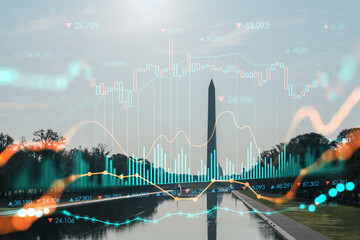 Washington Monument and the Capitol Building, Washington DC, USA. Seen from reflecting pool. Forex candlestick graph hologram. The concept of internet trading, brokerage, analysis
