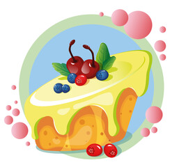 Lemon pie with berries and cherries. Print. Vector illustration