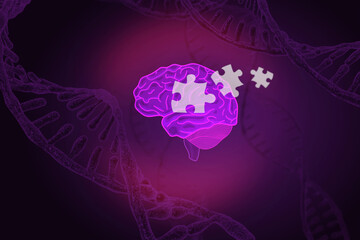 purple illustration of a neon brain with puzzles on the theme of National Alzheimer's Awareness Month, genetic inheritance, on the background of DNA, 3d illustration