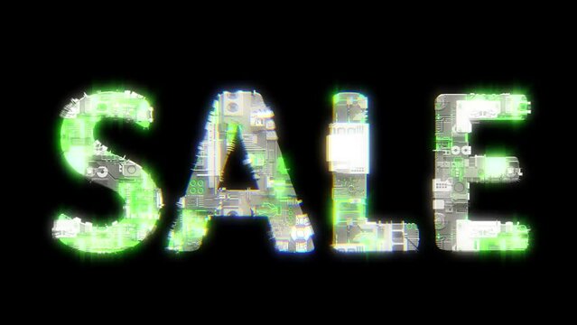 cybernetical text SALE with chromatic aberrance and glitch effects, isolated