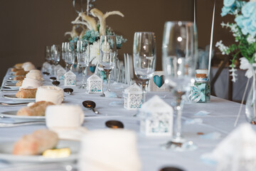 Wedding reception party room for evening meal, food, drink and cake