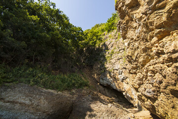 rocky seashore and waves