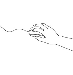 Hand and mouse computer one continuous single line art drawing. Minimal art style. Computer mouse equipment continuous line art illustration. Hand and mouse.