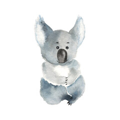 Cute baby koala isolated on white background. Watercolor hand drawn illustration. Perfect for kid cards and posters, clothes prints and wallpaper design.
