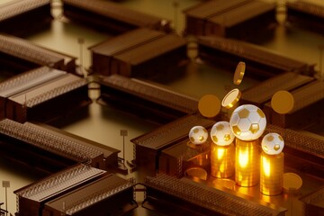 football 3d object in the abstract background, arena concept design, copy space, 3d illustration, glow neon light text frame, 3d rendering element, soccer game sport, sports equipment, realistic ball