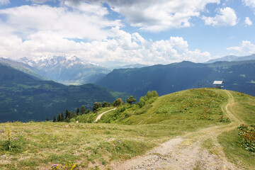 Mestia village observation point Cross in the Upper Svaneti region, Georgia. Beautiful Svaneti landscape in Summer.