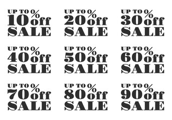 Sale icon set. 10, 20, 30, 40, 50, 60, 70, 80, 90 percent price off. Discount tag, label or sign. Promotion sticker design. Business, advertising, marketing badge. Vector illustration.