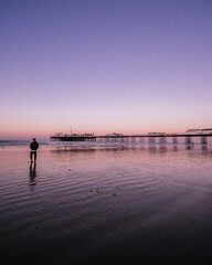 Fototapeta premium a man walking towards the Pier in Brighton, United Kingdom during sunrise